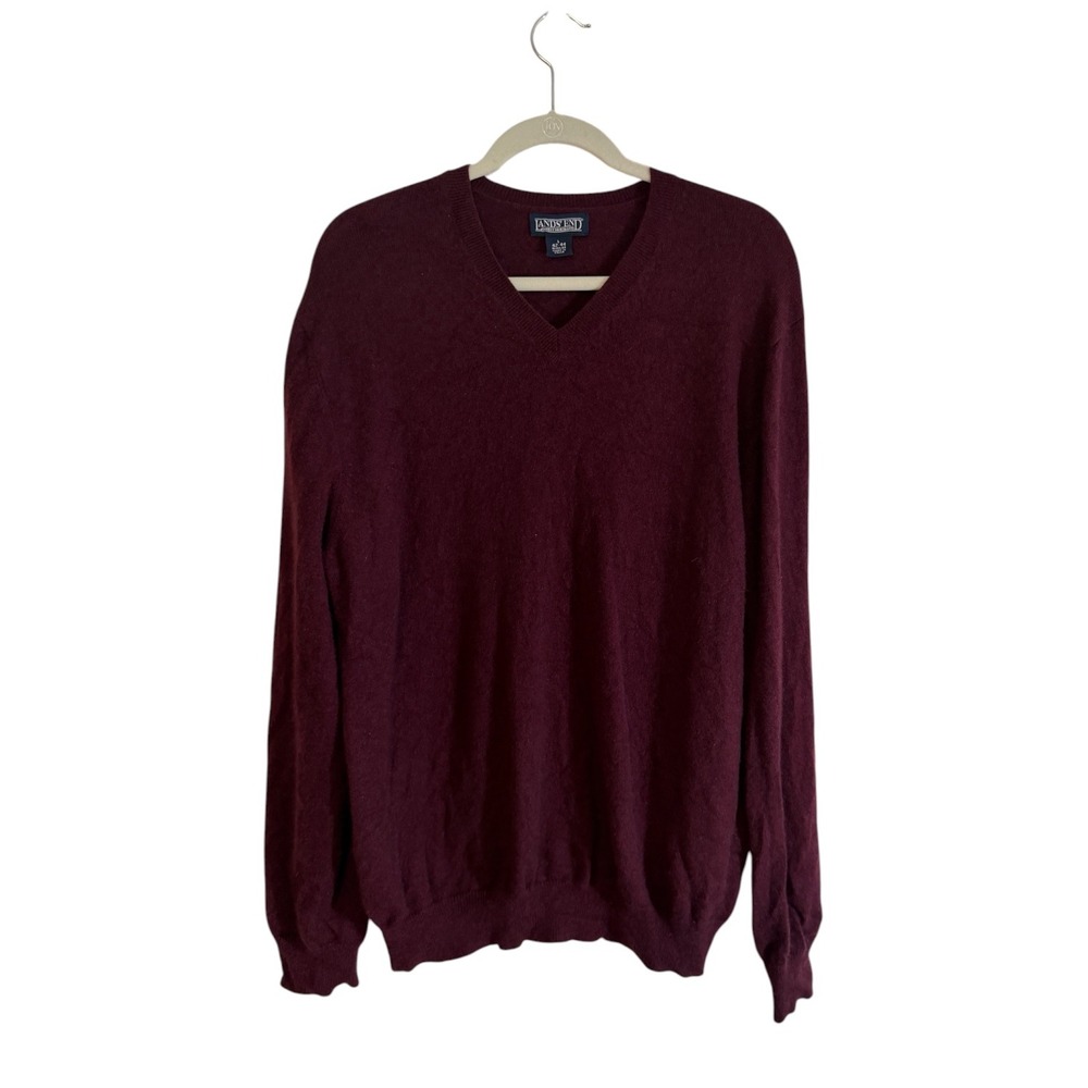 Lands End  100% Cashmere V-Neck Sweater Maroon L Mens Wine Pullover Classic